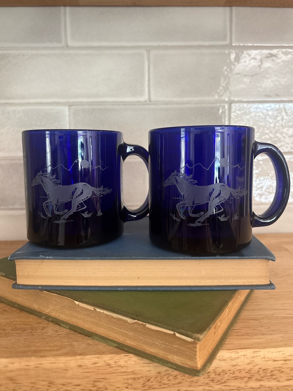 Cobalt Blue Horse Etched Glass Mugs Set of 2
